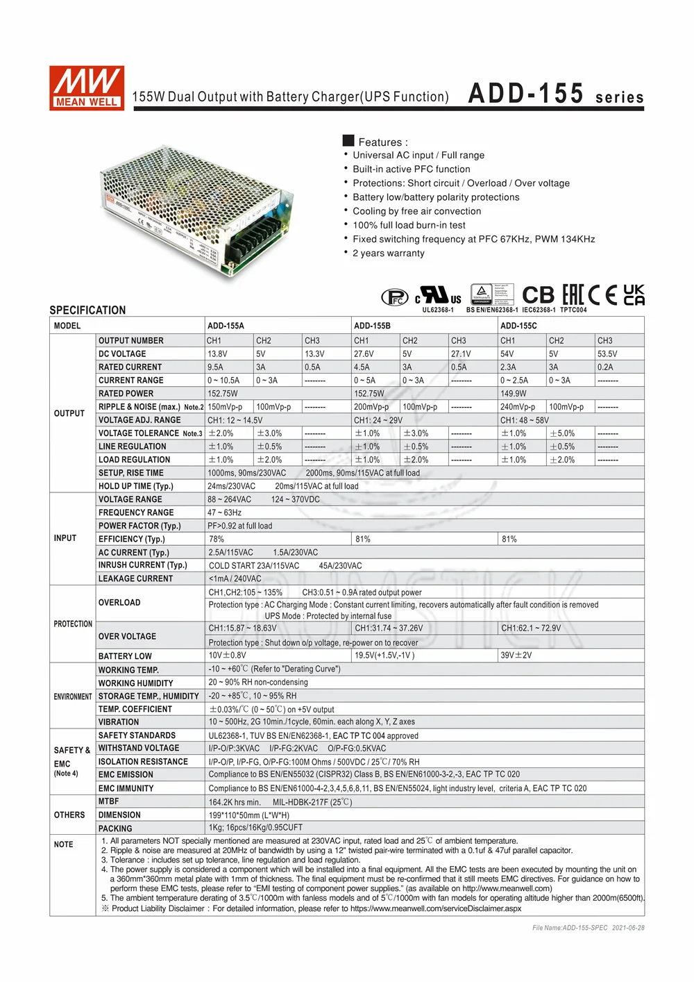 MEAN WELL AD-155B meanwell AD-155 151 55 Вт одиночный выход с зарядным устройством (функция UPS)