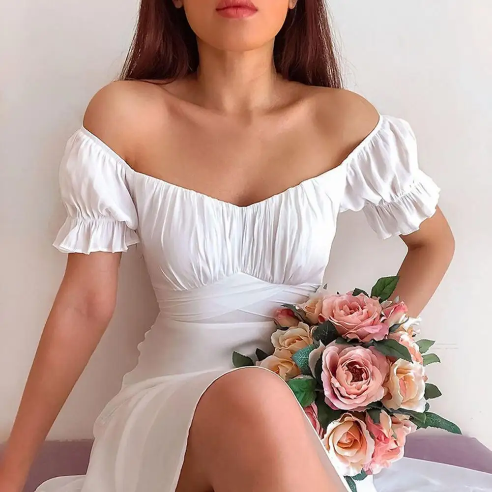 

New Summer Women Solid Simple One-Shoulder Dress Fashion Short Sleeve Sexy Slim Long Dress Elegant Temperament Split Party Dress