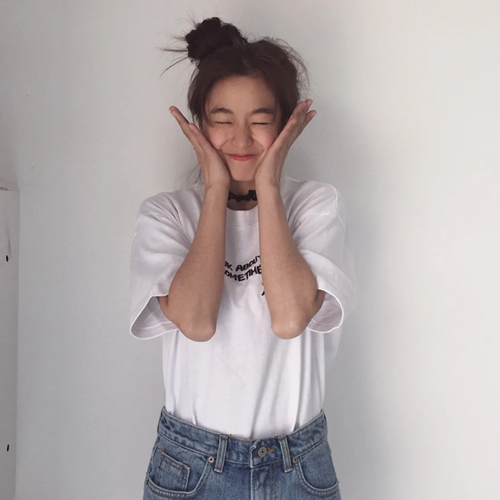 Летние топы, корейский Ulzzang Harajuku, вышивка, короткий рукав, женские повседневные рубашки, футболка,, новинка#0911