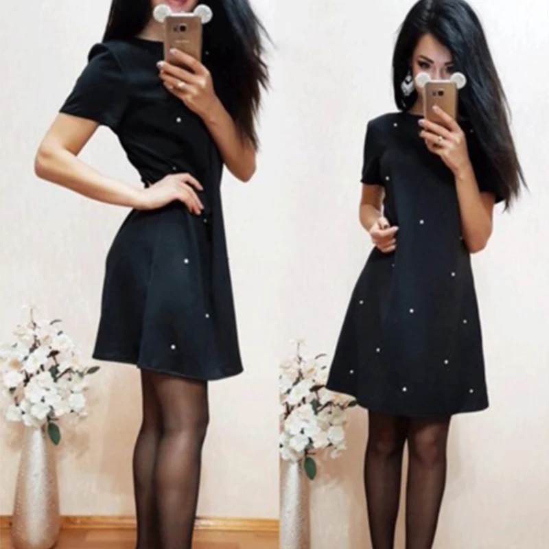 Однотонные Свободные мини платья с круглым вырезом женские повседневные