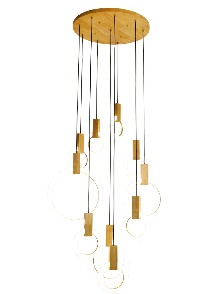 

Wooden LED chandelier modern living room ring rotating stairwell long chandelier hotel lobby lighting can be customized 90-260V
