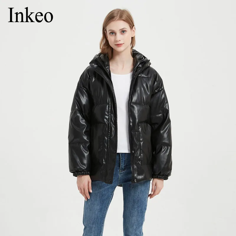 

Women Black Faux Leather Coat Hooded Puffer jacket 2021 Winter Casual Loose Pocket Sashes Overcoat Thick warm Female INKEO 1O143