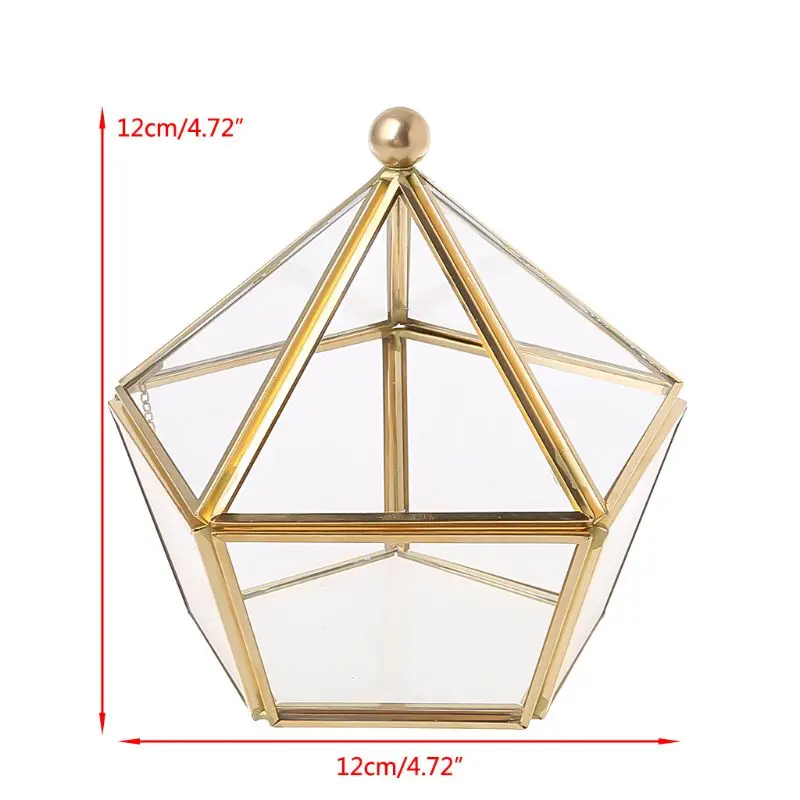 

Vintage Decorative Jewelry Chest Geometric Terrarium Window Box Storage Display Case Pentagon Shape Clear Glass and Brass Tone