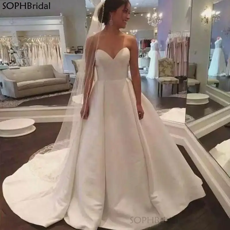 

New Arrival Simple Sweetheart A-Line Wedding Dresses Lace Up Satin Draped White Wedding Gowns Vestido De Novia Bridal Gowns