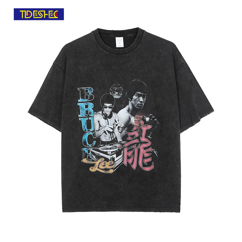 Hip Hop Oversize Gewaschen T-Shirt Bruce Lee Grafik Druck T Shirt Harajuku Baumwolle Lose Kurzarm T-shirt 2022 Männer Streetwear