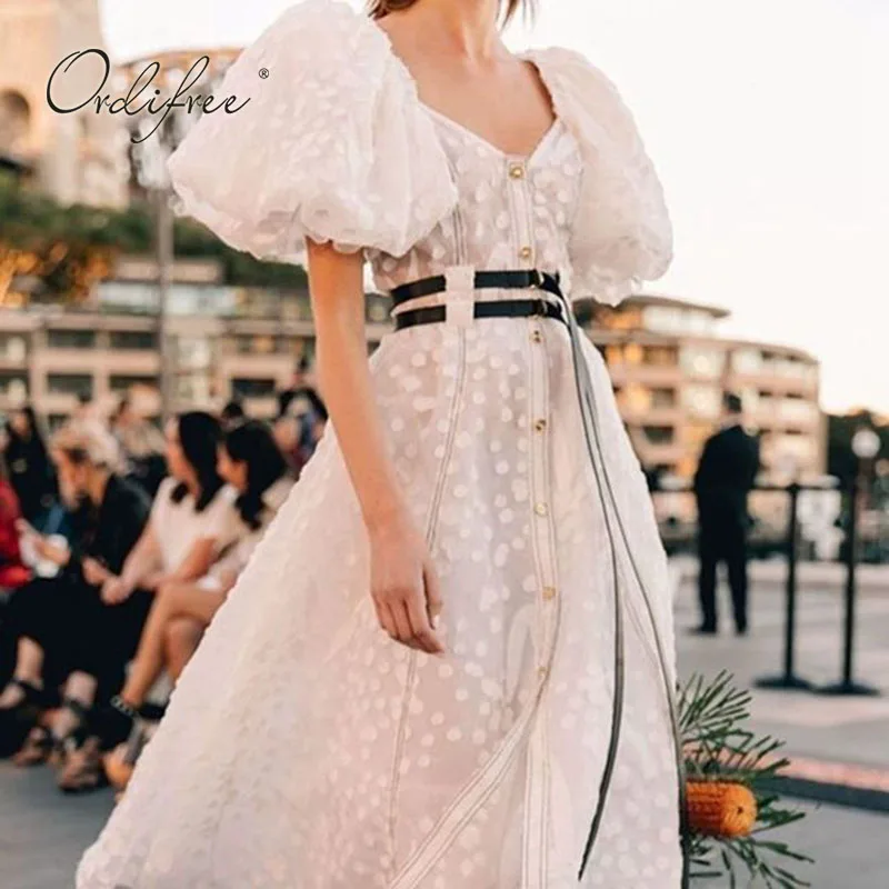 

Ordifree 2021 Summer Boho Women White Party Dress Puff Sleeve Sexy Belted Elegant Lady Midi Dress