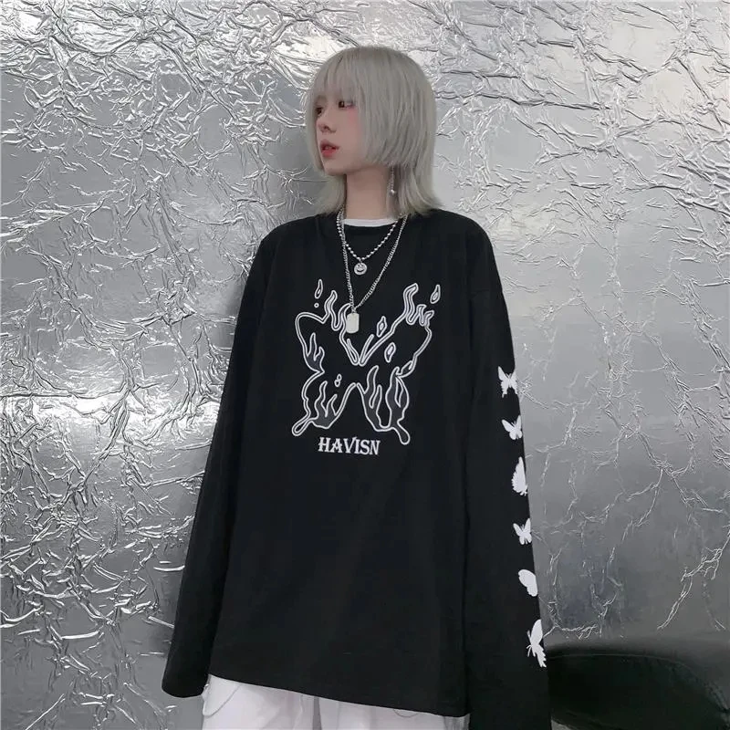 

Harajuku dark funeral flame clothes sweatshirt cotton top butterfly print long-sleeved T-shirt sweater top women punk Hip hop