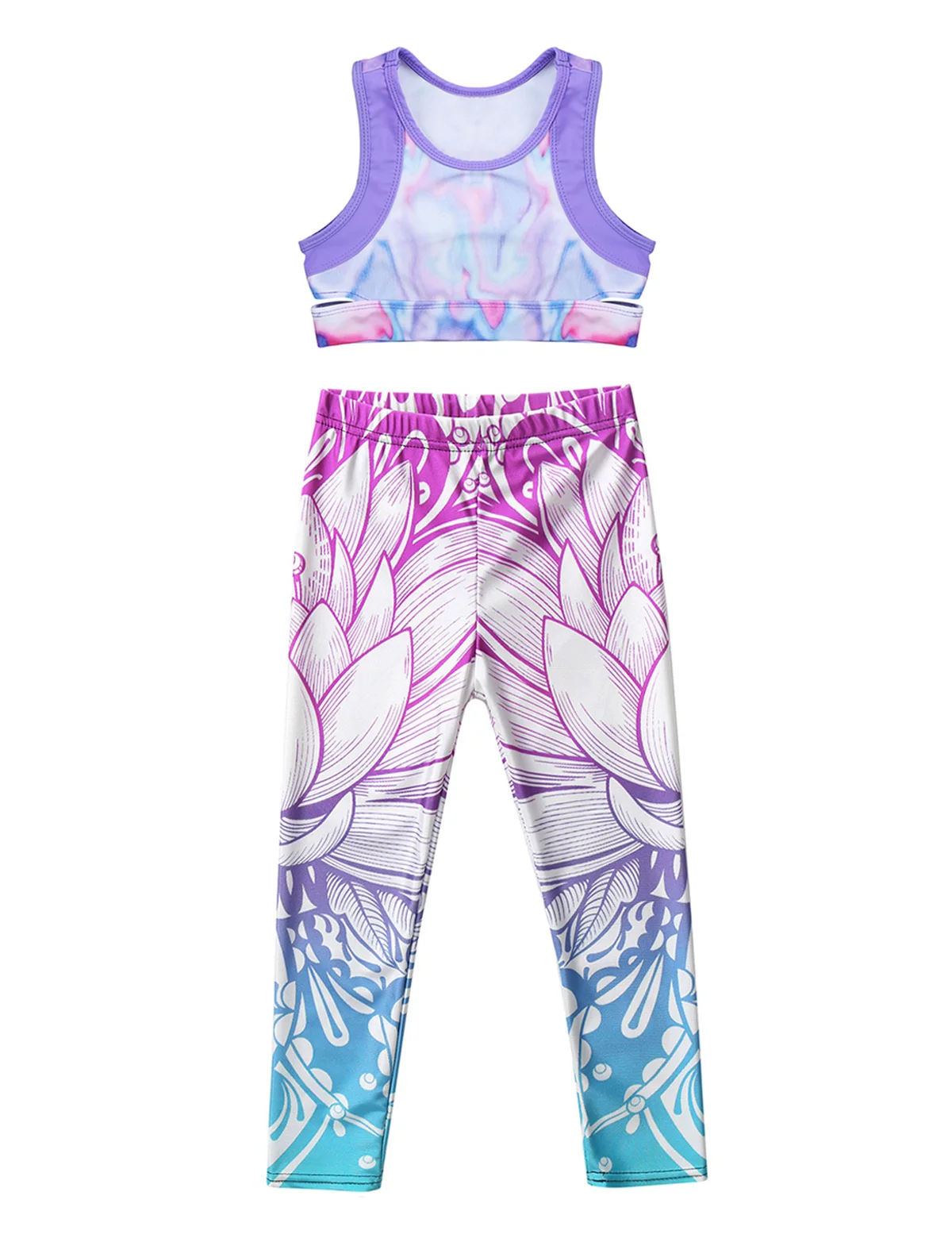 Костюм для девочек для гимнастики и танцев. Безрукавная топ с принтом в технике окрашивания "креп-шебби" и облегающие леггинсы для фитнеса.