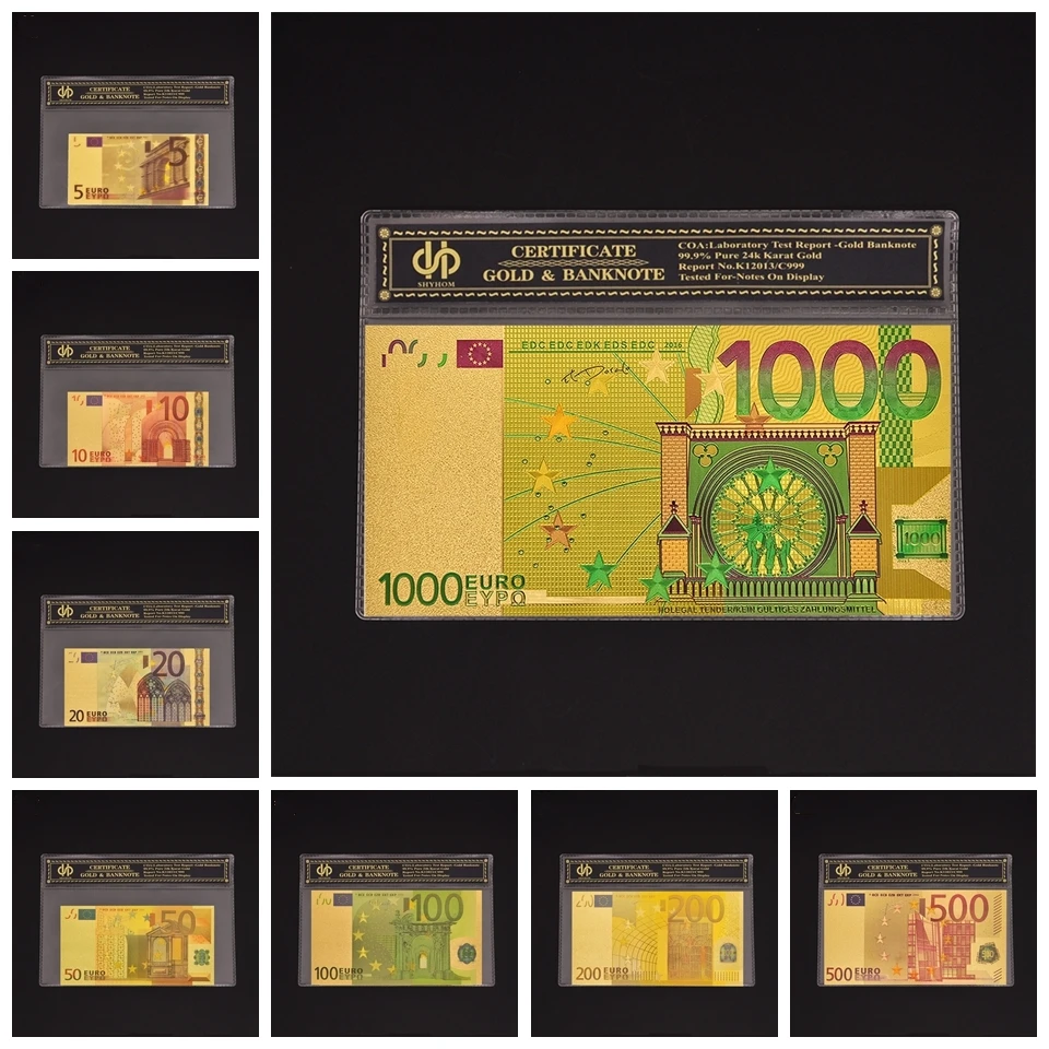 

8PCS/Set Euro Fake Banknote Sets 5 10 20 50 100 200 500.1000 Color Gold Banknote With Plastic Sleeve