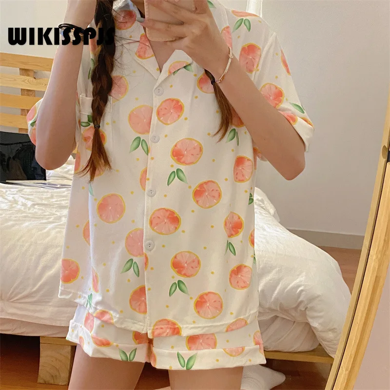 

WIKISSPJS Pajamas Women's Summer Short Sleeve Shorts Cute Korean Sweet Two Piece Thin Home Wear Lounge Wear Bedroom Set