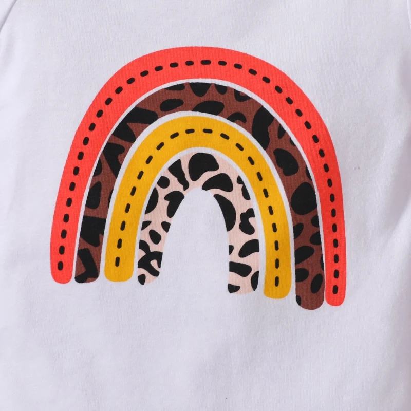 

2021 Summer Baby Girl Short Sleeve Rainbow Print Romper Tops Leopard Shorts Headband Outfits Clothes 0-18M