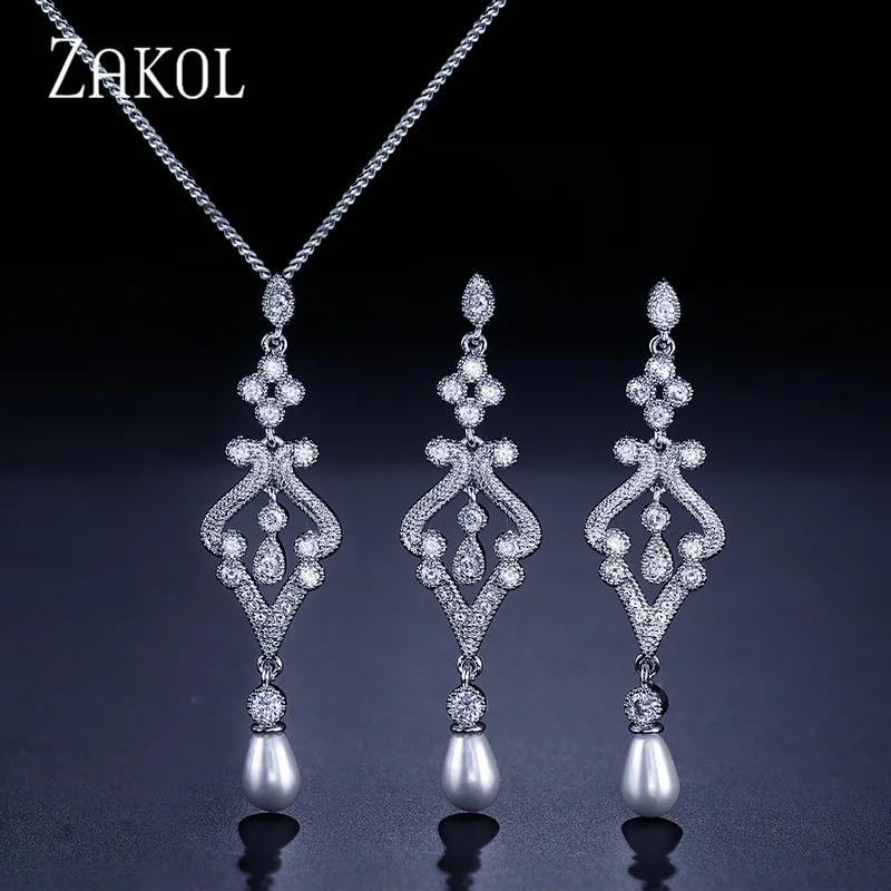 Earrings Necklace ZAKOL модный белый цвет комплект ювелирных изделий имитация жемчуга капли воды амулеты женские ювелирные изделия для вечерние FSSP265 - Окраска металла: Earrings Necklace