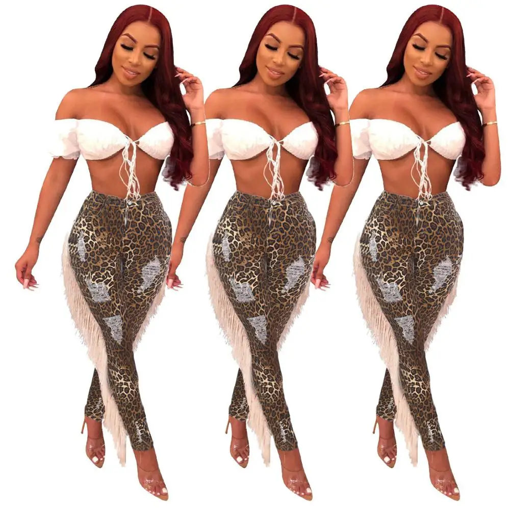 Женские леопардовые брюки с модным принтом большие эластичные осенние бахромой