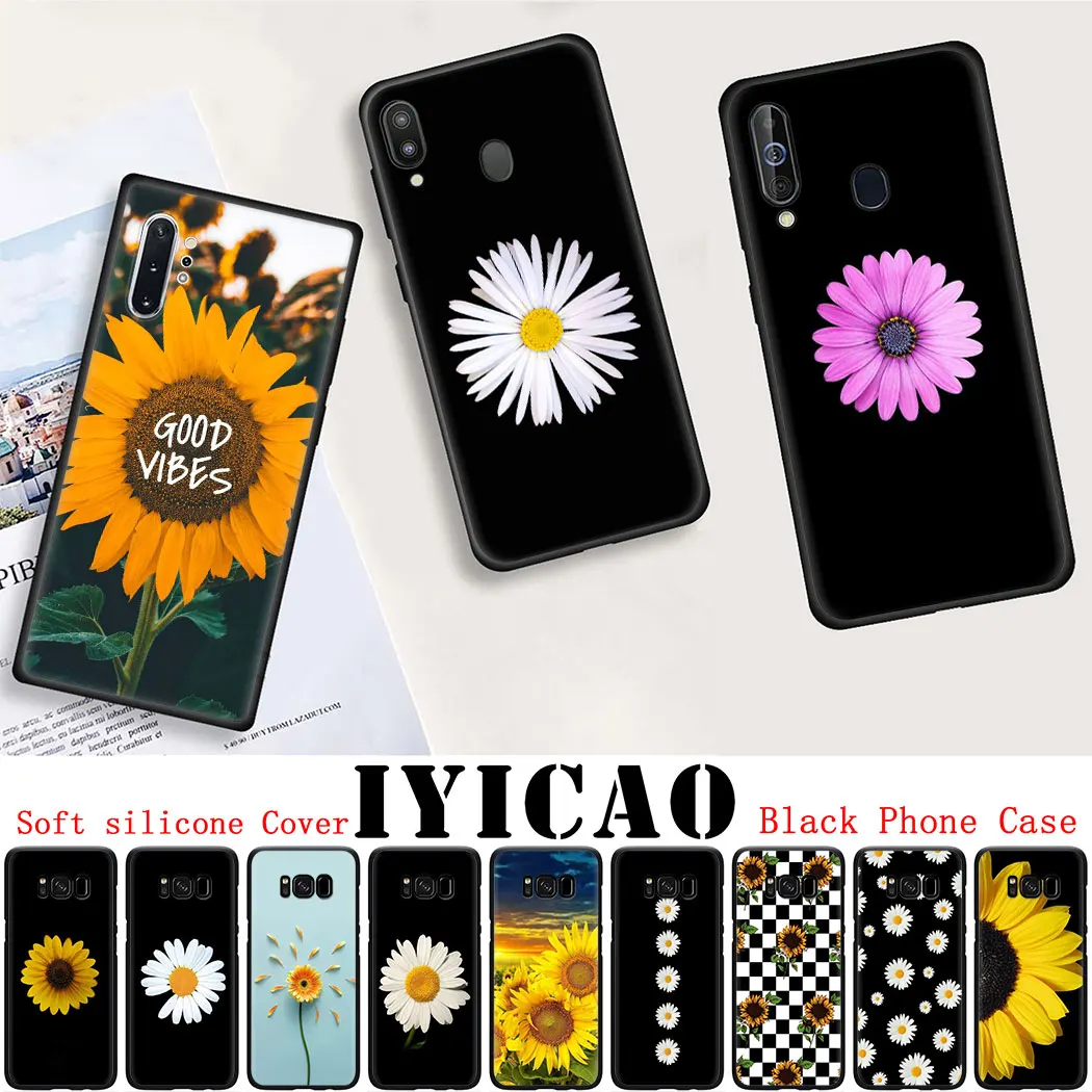 Soft silicone Cover for Samsung Note 8 9 S6 S7 Edge S8 S10 10 Plus S10E Black Phone Case Summer Daisy Sunflower Floral | Мобильные