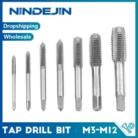 nindejin 7pcs tap drill bit metric hand tap spiral screw metric thread plug tap m3 m12 high speed steel screw thread hand drill
