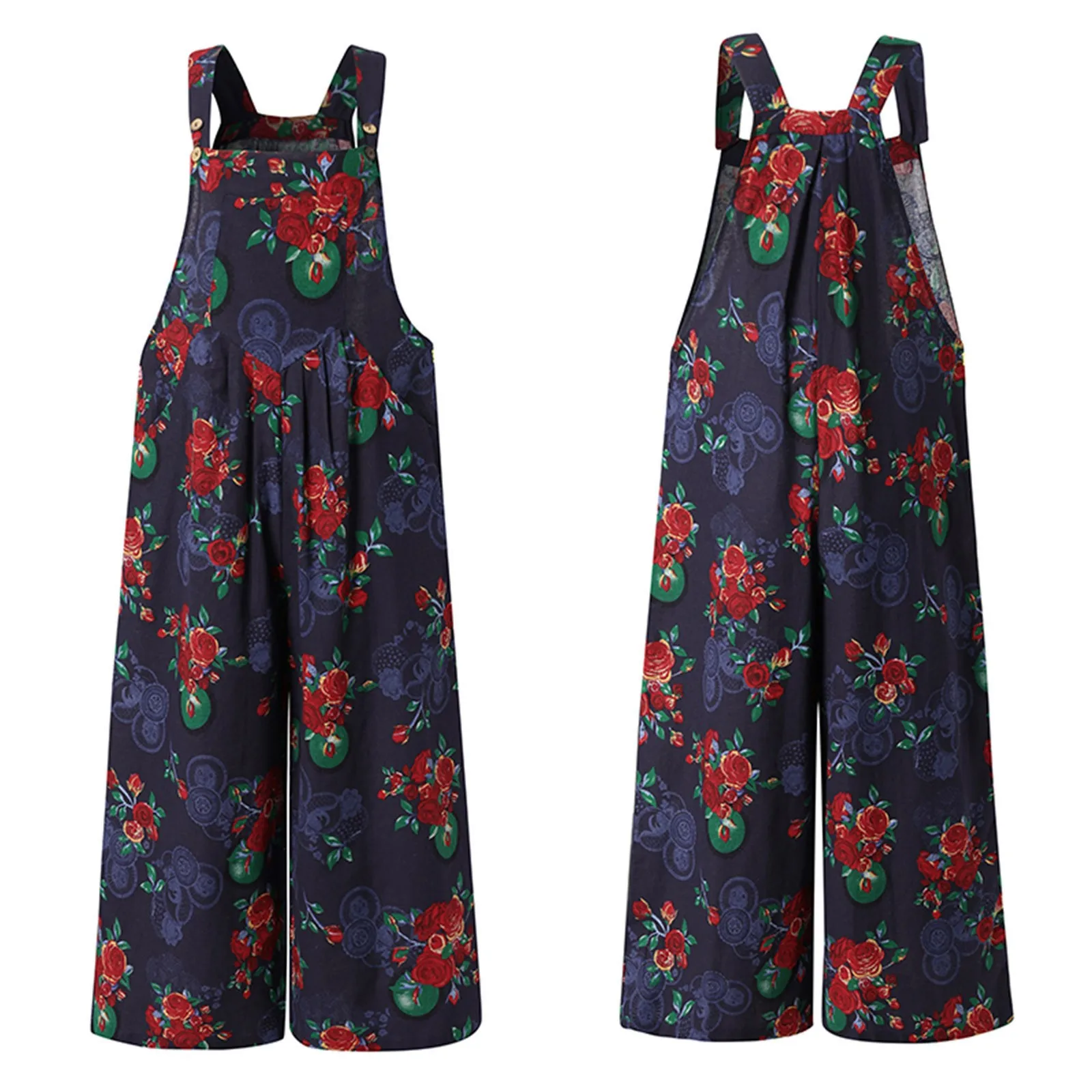 

2021 Women Sexy Sleeveless Casual Wide Leg Jumpsuits Loose Rompers Plus Size Vintage Printed Beach Overalls Femme Pants Overalls