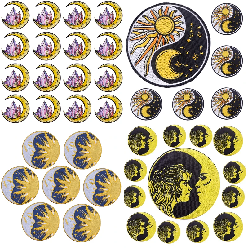 

Pulaqi 10PCS Wholesale Moon Patches On Clothes Flowers Embroidered Patches Woman Iron On DIY For Clothing Circular Stickers