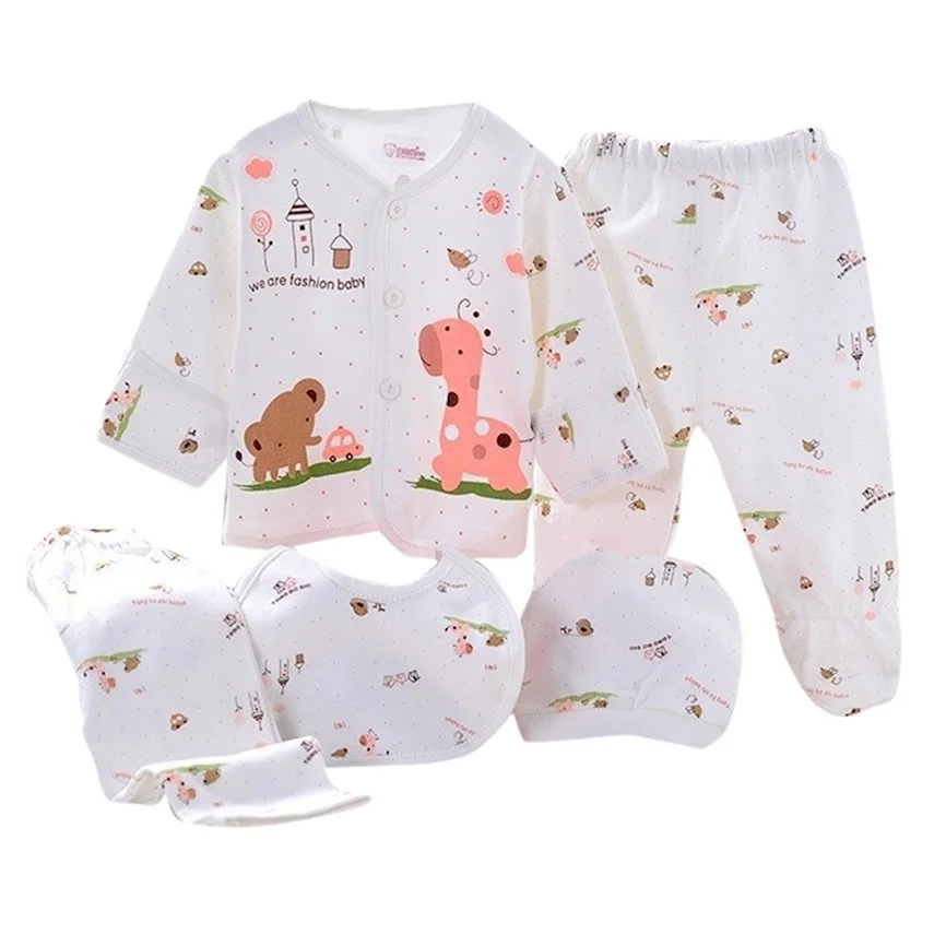 5PCS Baby Clothes Newborn Boy Girl Outfi Cute Cartoon Long Sleeve Tops+Hat+Pants +Bib Outfit Set Soft Comfortable Clothe | Детская
