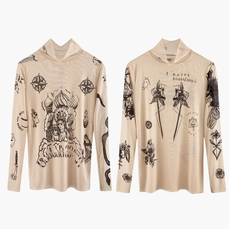 

2020 Russia Autumn New Fashion Women Basal Top Goddess Tatoo Print Vintage High Tight Collar Mesh Yarn SEXY Blouse Shirt B666