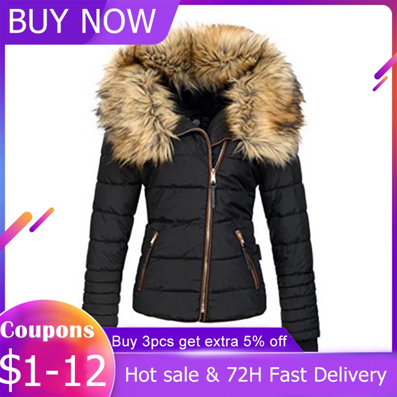 Winter Coats Women Down Jacket Warm Faux Fur Collar Warm Thicken Parka Outwear Female 2021 Zipper Black Casual Padded Parkas