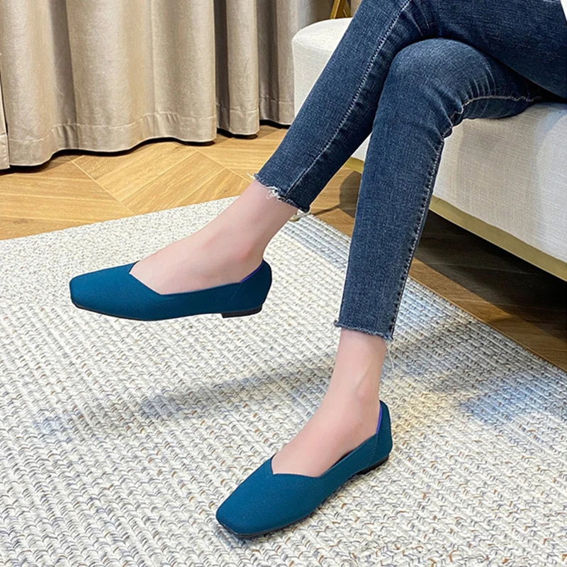 Women's Flat Shoes Breathable Ballet Shoes Shallow Knit Square Shoes Moccasin Mixed Color Soft Pregnant Shoes Zapatos De Mujer