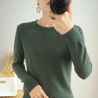 spring and autumn 100 pure cotton fine lines womens new thin round neck pullover loose large size wild knitted bottoming shirt