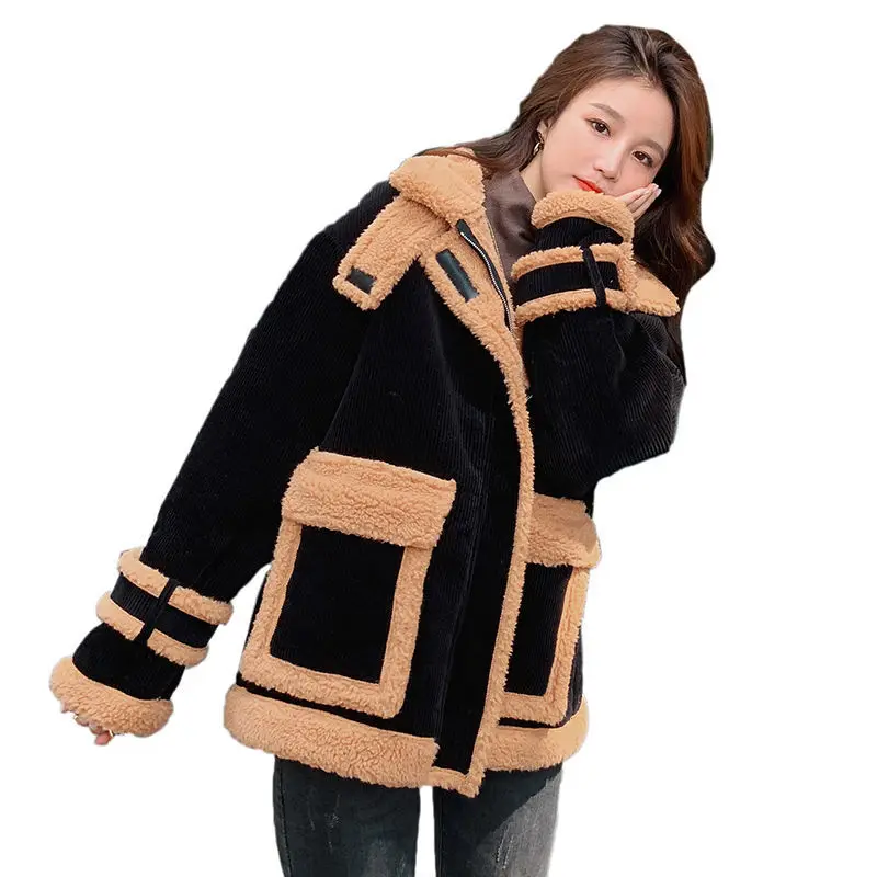 

2020 New Coat Women 's Korean -Style Loose Girls' Lamb Wool Stitching Corduroy Short Cotton Jacket Coat Top