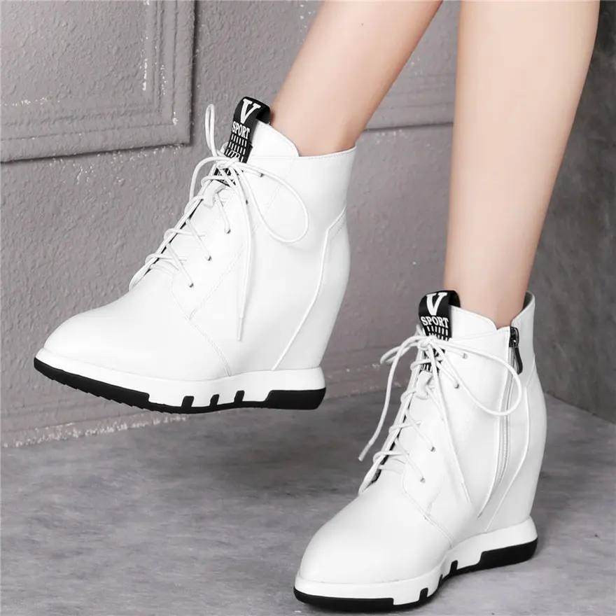 

High Top Trainers Women Lace Up Genuine Leather Wedges High Heel Fashion Sneakers Female Pointed Toe Platform Pumps Casual Shoes