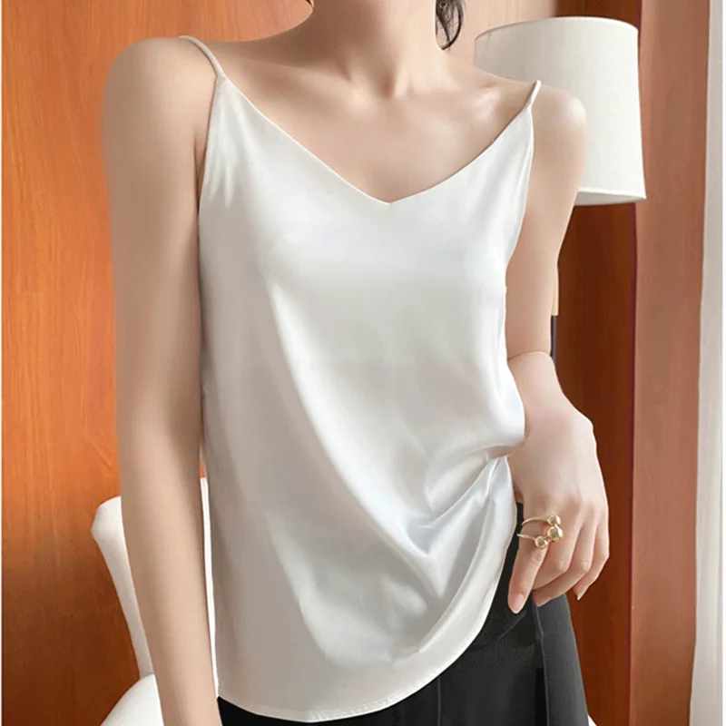

Strap Top Women Halter V Neck Basic White Cami Sleeveless Satin Silk Tank Tops Women'S Summer 2021 Camisole Plus Size