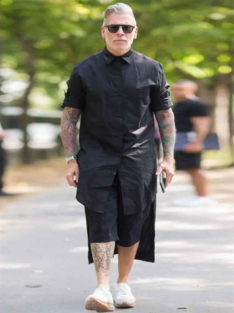 Мужская Новая сценическая рубашка в подиумном стиле черная с коротким спереди