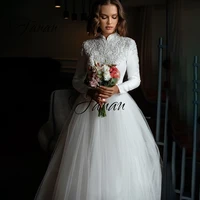 high neck long sleeve wedding dress lace appliques tulle zipper floor length bridal gown robe de soir%c3%a9e de mariage %d0%bf%d0%bb%d0%b0%d1%82%d1%8c%d0%b5