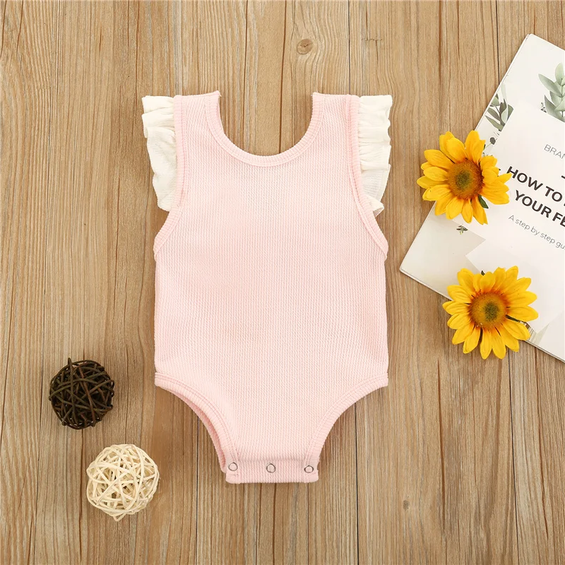 

2021 Baby Girls Casual Cotton Bow Romper,Children Girls Sweet Cute O-Neck Falbala Flying Sleeve Loose Elastic Jumpsuit,0-2Years