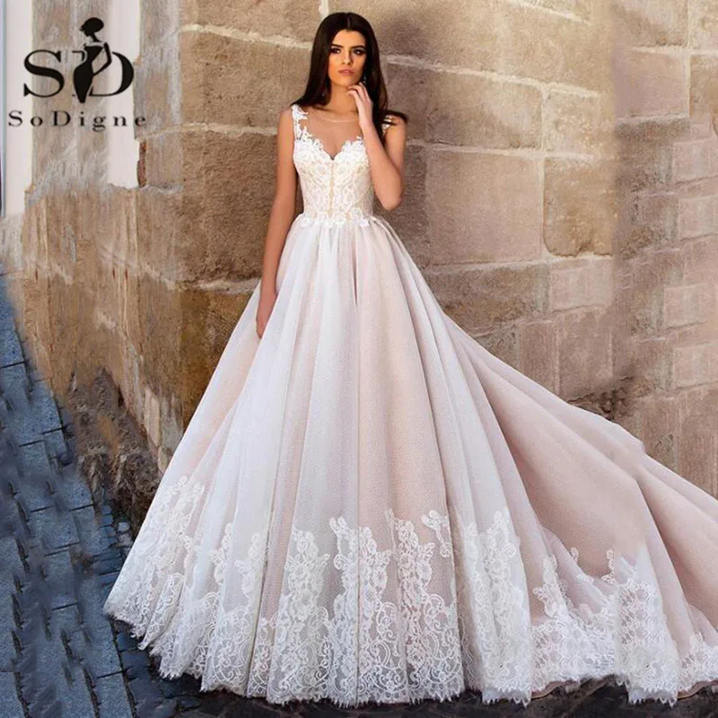 

SoDigne Elegant Tulle Princess Wedding Dresses A Line Lace Appliques Vintage Bride Dress Plus Size Wedding Gowns Robe De Mariee