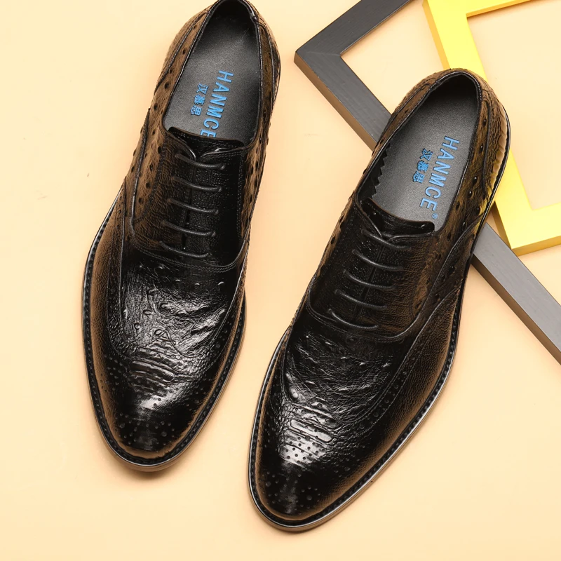 

Mens Luxury Brogue Oxfords Dress Shoes Genuine Calf Leather Pointed Toe Lace Up Male Formal Footwear Wedding Party Shoes