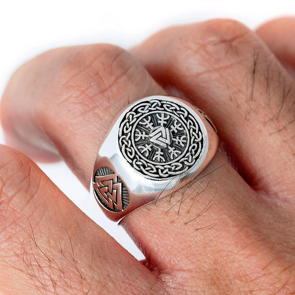 

EYHIMD Viking Valknut Helm of Awe Stainless Steel Ring Men's Aegishjalmur Odin Icelandic Runes Celtics Knot Jewelry Amulet Gift