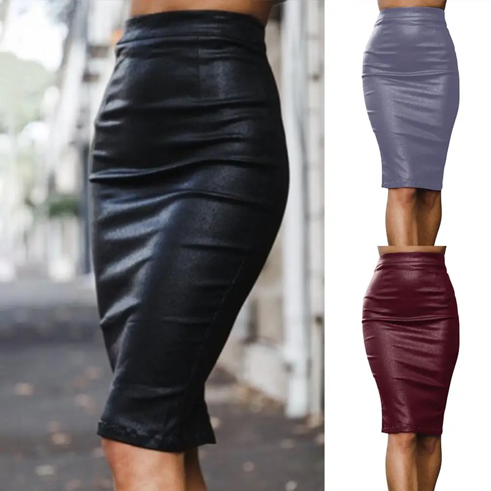 

Women Solid Color High Waist Faux Leather Back Slit Bodycon Knee-length Skirt