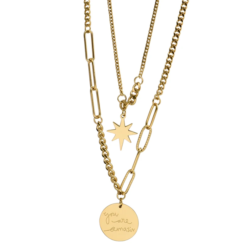 

2021 New Stainless Steel Coin Women's Fashion Multi-layer Star Moon Titanium steel Pendant Necklace Not Fade Drop Shipping
