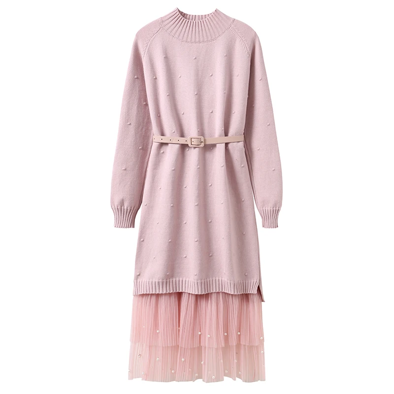 

Very fairy knitted dress female autumn and winter bottoming long sweater skirt over the knee net red gauze skirt two-piece suit