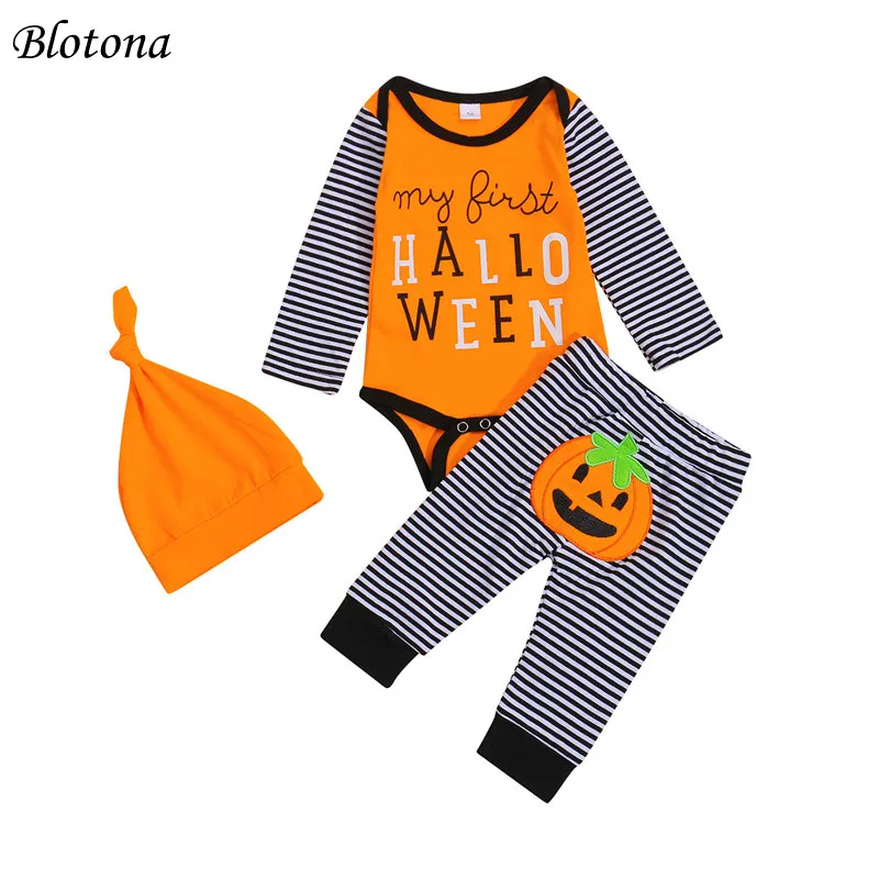 

Костюм на Хэллоуин для малышей Blotona, 3 шт., полосатый комбинезон с длинными рукавами и круглым вырезом с буквенным принтом + брюки с тыквенным ...