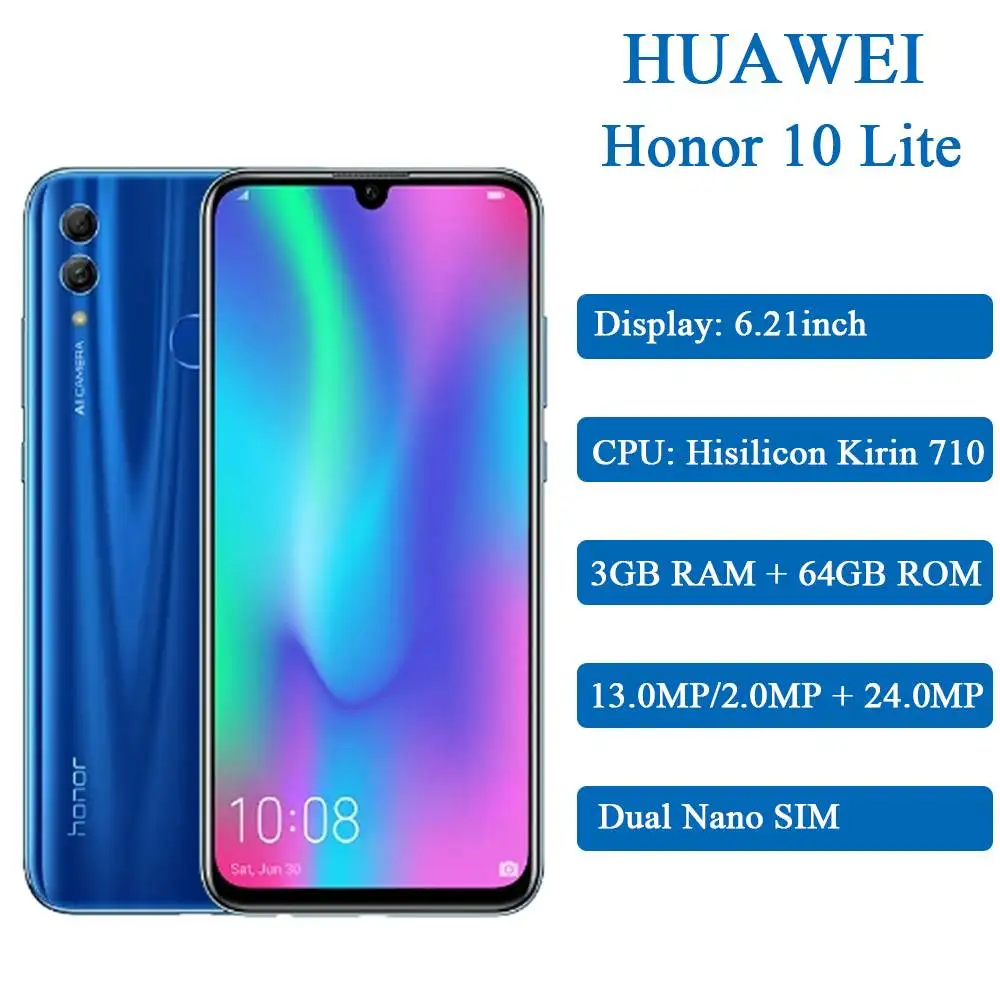 Honor 10 Lite Android 9,0 6,21 дюймов 3+ 64 Гб Смартфон 3400 мАч 24MP 3 камера мобильный телефон AI камера отпечатков пальцев Восьмиядерный - Цвет: Global 3G 64G Blue