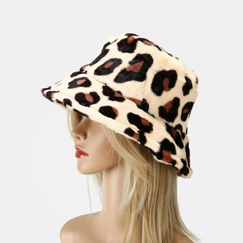 

Winter Leopard Print Faux Fur Plush Bucket Hats For Women Outdoor Warm Hat Soft Fisherman Cap Lady Fashion Panama Warm Casual