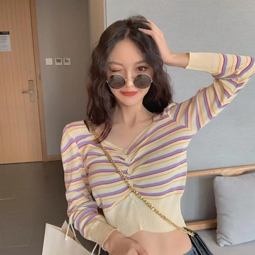 свитер женский sweater Women Casual Knitting V-Neck Tops Long Sleeve Stripe Slim Sweater cardigan pull femme nouveaute 502SS30X |