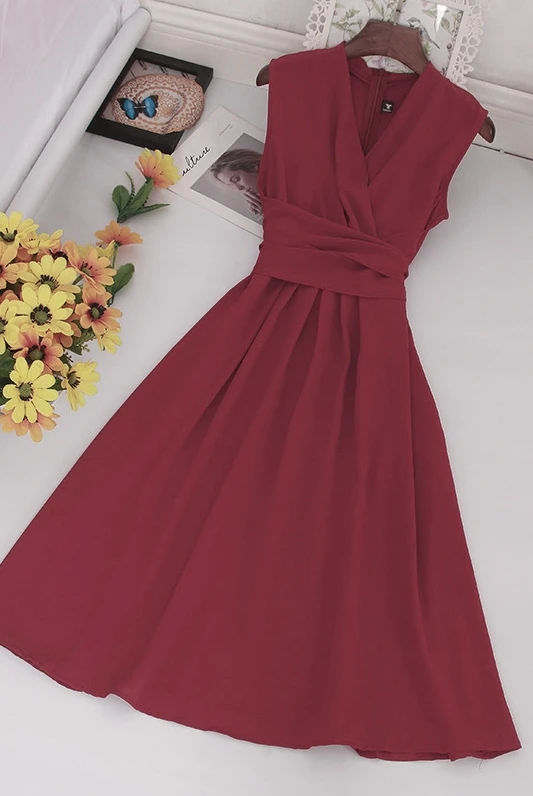 Женское ТРАПЕЦИЕВИДНОЕ платье без рукавов с V образным вырезом и высокой талией