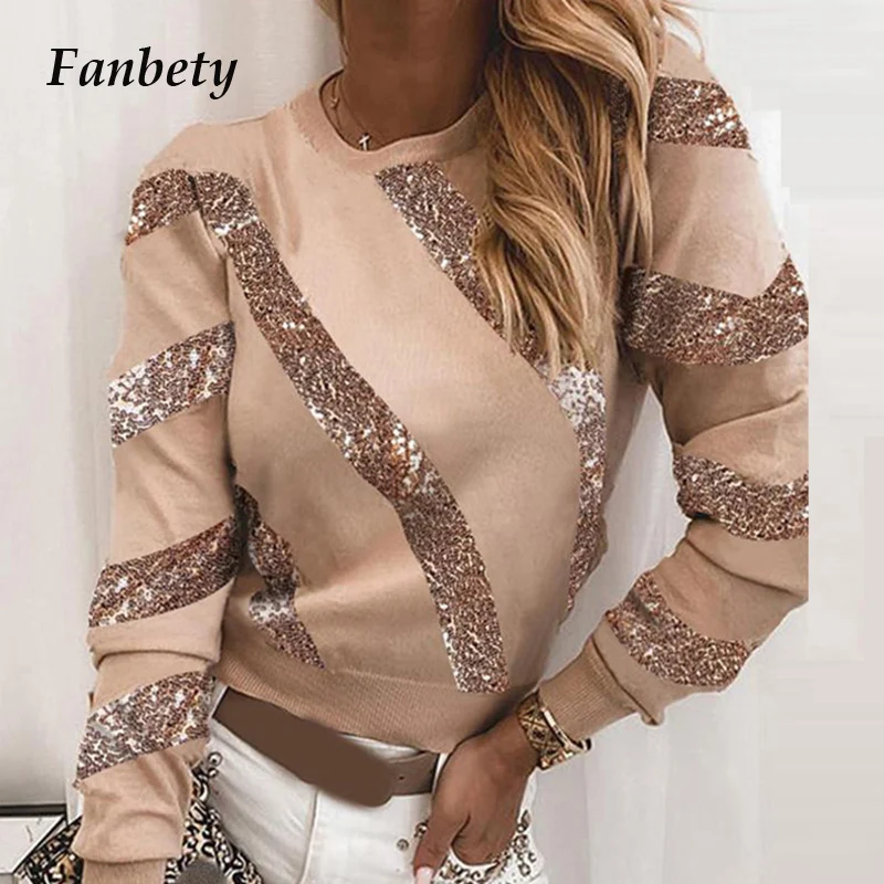 Элегантная Лоскутная Весенняя блузка с блестками рубашки Модный женский пуловер