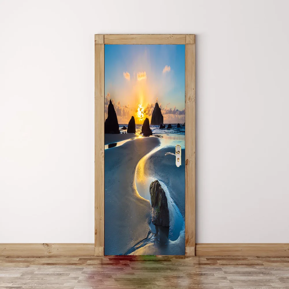 Наклейка на дверь с изображением морского побережья восхода и пейзажа | Дом сад