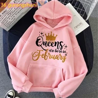2022 hot sale cool women%e2%80%99s clothing queen are born in january to december letter print cap hoodie golden crown sweatshirt tops