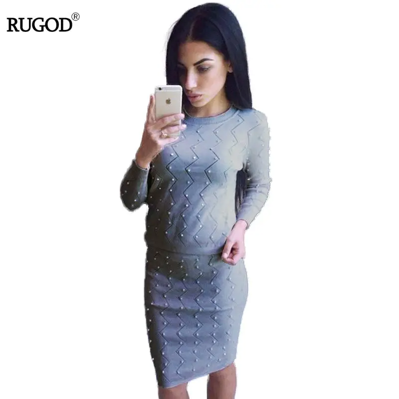 RUGOD, Модный комплект из 2 предметов с жемчугом, женский костюм, Вязаный милый свитер с жемчугом и длинными рукавами+ юбка-карандаш, комплект из 2 предметов с юбкой с бусинами - Цвет: Серый