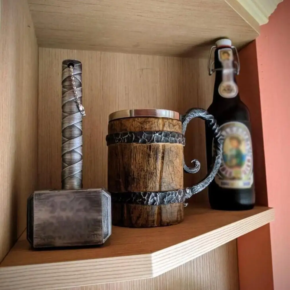 

Оригинальная деревянная пивная кружка Viking, посуда для напитков в форме ведра с ручкой, Коктейльные кружки из нержавеющей стали с двойными с...