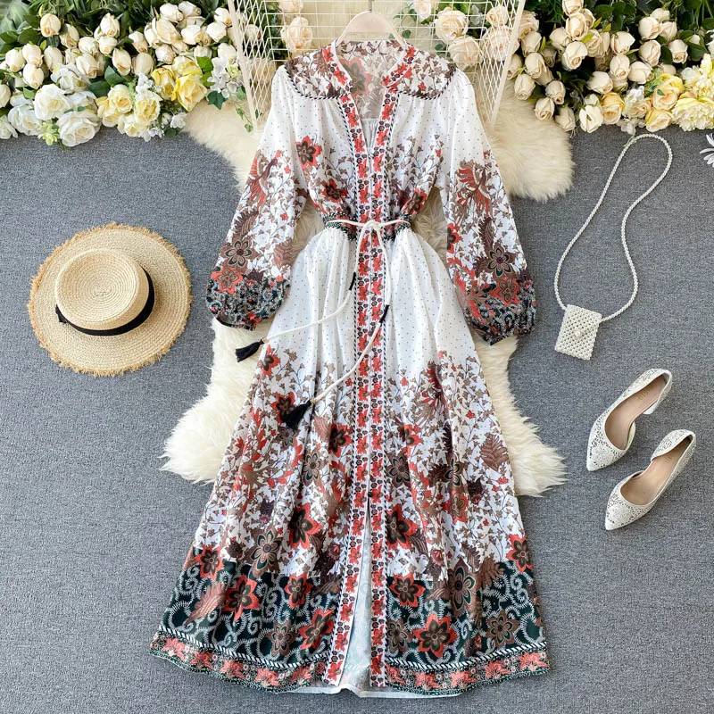 

Women's Spring Autumn Dress Retro Palace Style Print Lace Dress New Waist Slim Long Sleeve Female Dresses LL941