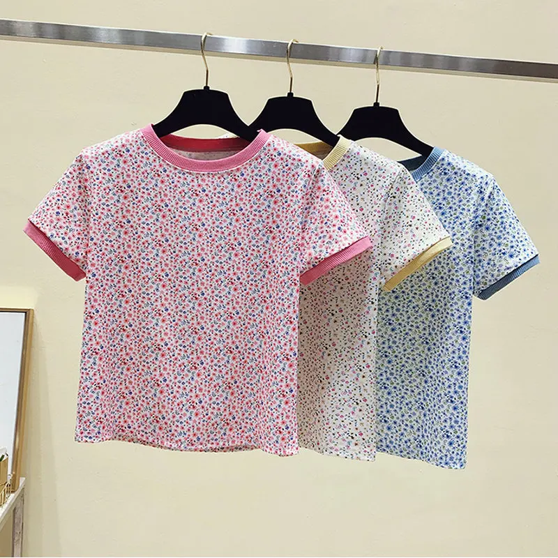 

2021 Summer New Style Retro Fashion 86%Cotton T Shirt Floral Printing Blouses O Neck Short-Sleeved T-Shirt Top Kawaii pink top